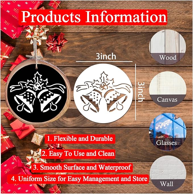 60pcs Christmas Stencils for Painting on Wood 3 Inch Small Nativity Ornament Reusable Holiday Xmas Drawing Stencil Templates for Wood DIY Crafts Card Paper Gift Home(Christmas Two)