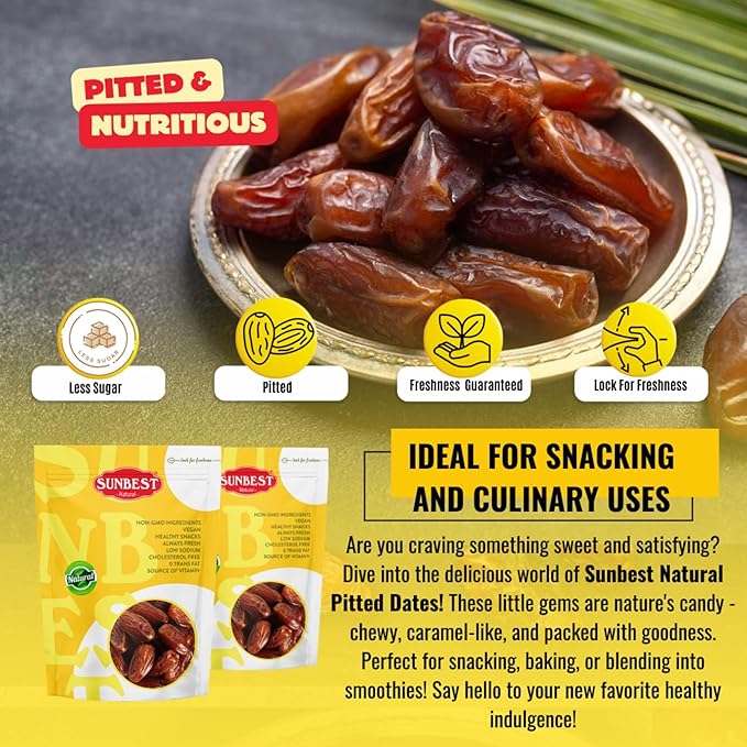 Sunbest Natural Deglet Noor Dates – 5 lb Bulk Bag (80 oz) – Sun-Dried, Pitted, Naturally Sweet & Chewy – Non-GMO, Vegan, Kosher, No Sugar Added, Healthy Date Snacks – Ideal for Snacking & Recipes