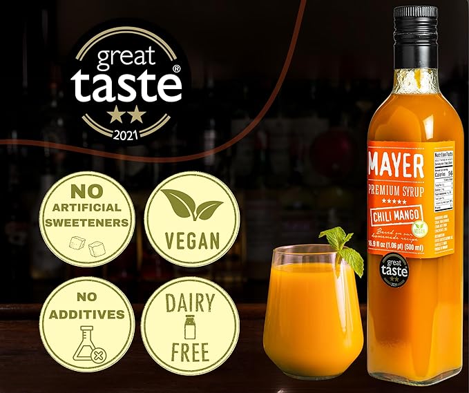 Mayer Premium Chili Mango Syrup – Award-Winning Organic Fruit Syrup, Over 50% Real Fruits, All Natural, Vegan, Gluten-Free – Ideal for Cocktails, Coffee, Desserts, Cocktails (16.9 oz)