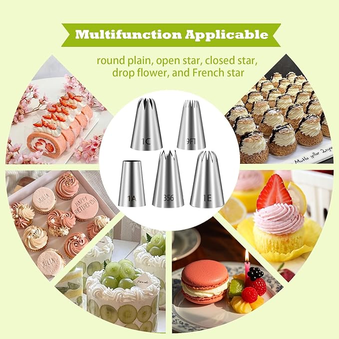 FANTEXY Large Piping Tips Set,5 Pieces Stainless Steel Pastry Cake Decorating Tips, Cupcake Frosting Piping Kit for Buttercream,Cookie (1A, 356, 1C, 1E, 9FT)