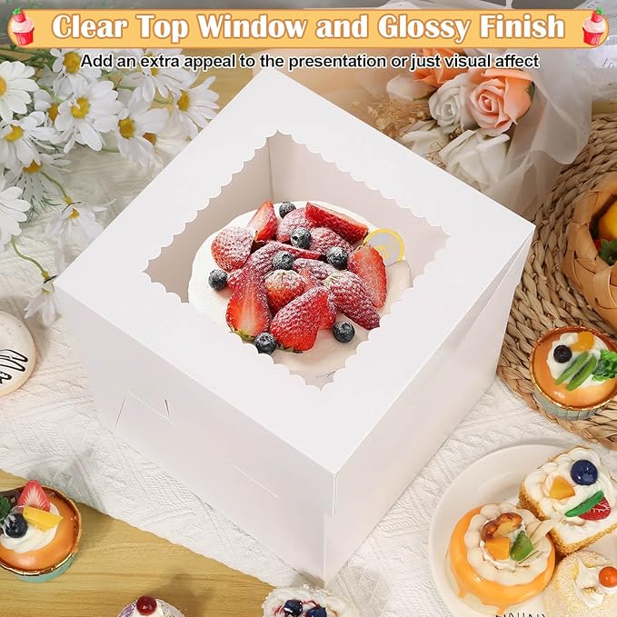 Audab 12 Pack Cake Boxes 8 Inches, Disposable Cake Transport Container with Label Stickers and Ribbon, White Bakery Boxes with Large Window for Gifting(8×8×8 Inches)