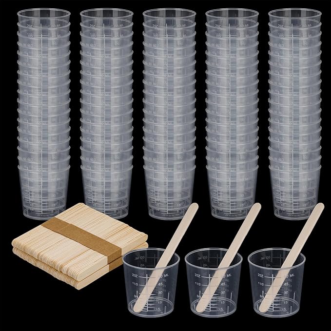 200 Pcs disposable measuring cups for resin, 2oz/60ml Plastic Graduated Cups with 200 Pcs Wooden Stirring Sticks, Clear Scale Cup for Liquid, Medicine