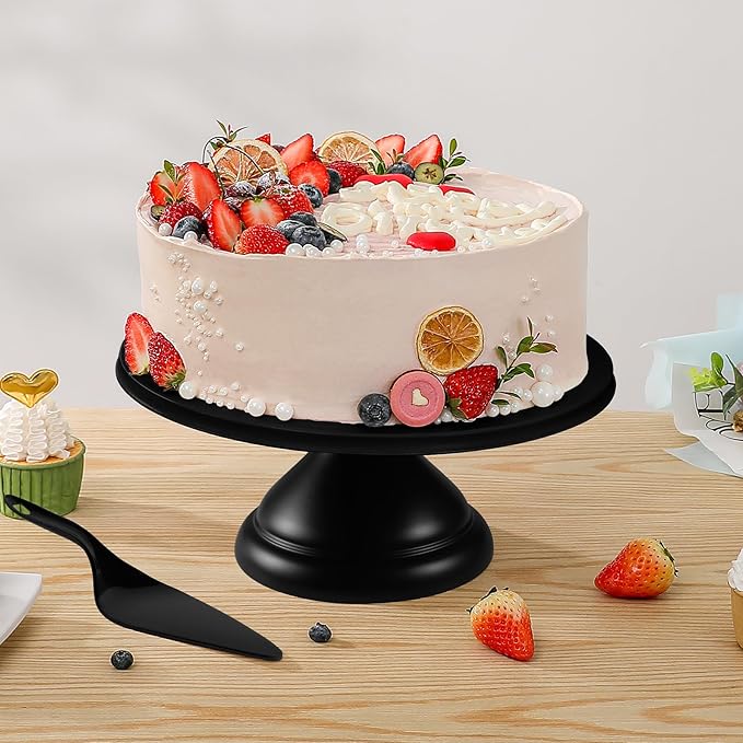 Large Cake Stand 12 Inch with Cake Spatula, Round Bamboo Fiber Cupcake Dessert Stand, Cake Decorating Display Stand for Birthday Parties, Weddings, Baby Shower and Other Events, Black