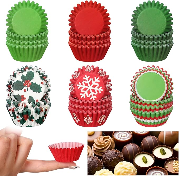 Funtery 600 Pcs Christmas Cupcake Liners Mini Muffin Liners Paper Candy Cups 1.3 Inch Holly Print Baking Cups Small Xmas Cupcake Wrappers for Baking Truffles Chocolates Making(Vibrant)