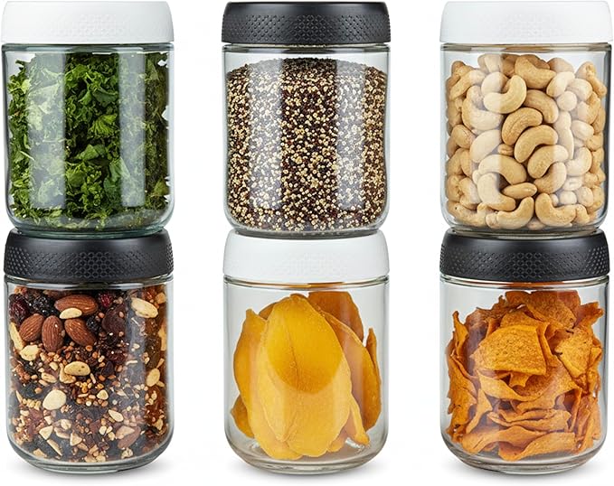 C&O ESSENTIALS 16 oz Glass Mason Jars with Airtight Lids - Wide Mouth Canning Jars for Food Storage, Meal Prep, Overnight Oats, Preserving, Pickling (6-Pack) (Black & White - Checkerboard)