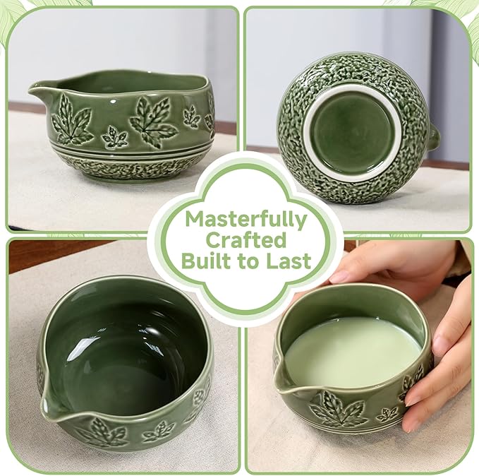 7 Pcs Matcha Whisk Set, Ceremony Matcha Kit with Matcha Bowl, Bamboo Whisk and Holder, Scoop and Scoop Rest, Sifter and Tea Towel, Gift for Matcha Lovers (Green/Maple Leaf-Patterned)