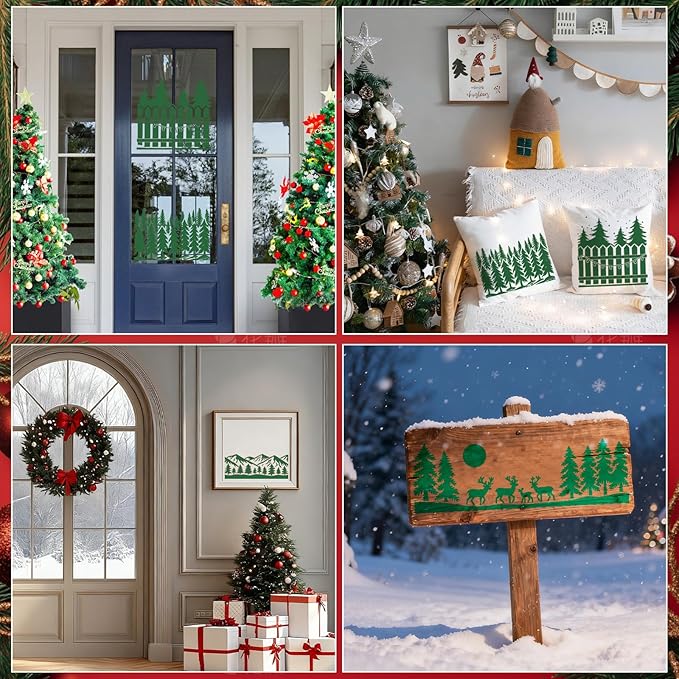 12 Pcs Large Christmas Window Stencils, Reusable Winter Scene Forest Reindeer Stencil, Mountain Tree Stencils for Painting on Wood Doormat Glass Fabric