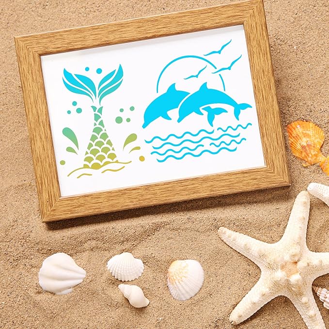 80 Pcs 3 x 3 Inch Stencils for Painting on Wood, Reusable Sea Ocean Creatures Mermaid Dolphin Shark Plastic Stencils DIY Craft Paint Template Set for Wall Home Decor