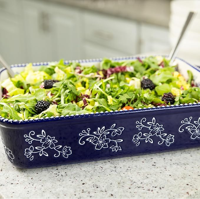 Temp-tations by Tara Baking Pans Set - 9x13" Set of 2 Blue Floral Lace Bakeware Sets with Casserole Dish for Oven and Serving Dish for Lasagna, Pies, Meatloaf, Hand-Painted Ceramic Casserole Oven Pan