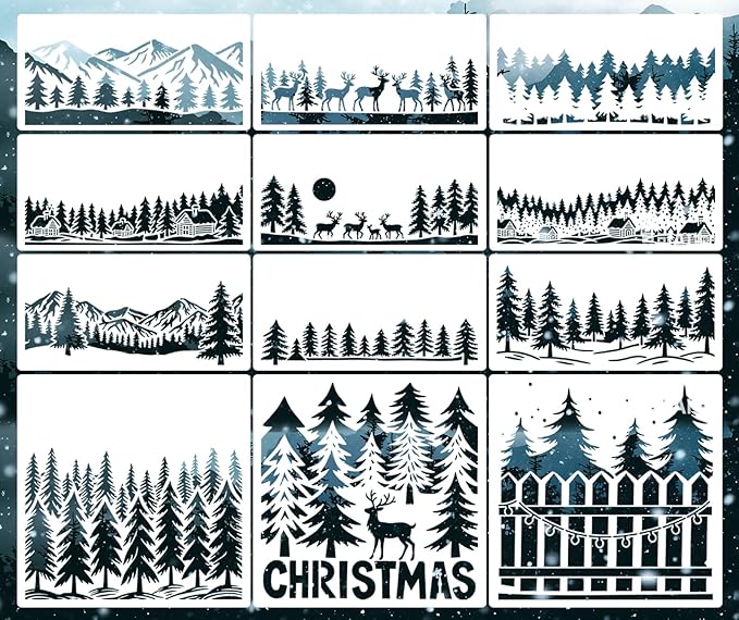 12 Pcs Large Christmas Window Stencils, Reusable Winter Scene Forest Reindeer Stencil, Mountain Tree Stencils for Painting on Wood Doormat Glass Fabric