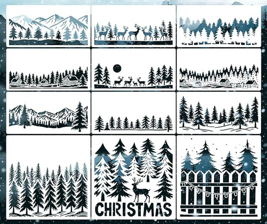 12 Pcs Large Christmas Window Stencils, Reusable Winter Scene Forest Reindeer Stencil, Mountain Tree Stencils for Painting on Wood Doormat Glass Fabric