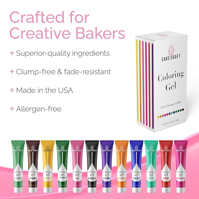 Cake Craft Coloring Gel Kit– 12 Vibrant Colors | Edible Food Coloring for Icing, Fondant, Cake Batter, Cookies & More | Concentrated Formula