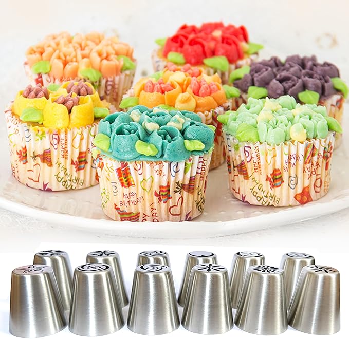 Russian Piping Tips Set, 48PCS Flower Piping Tips for Cake Decorating Large Frosting Piping Kit Icing Bags and Tips Set, Pastry Bags and Tips Cupcake Decorating Kit Cookie Baking Supplies and Tools