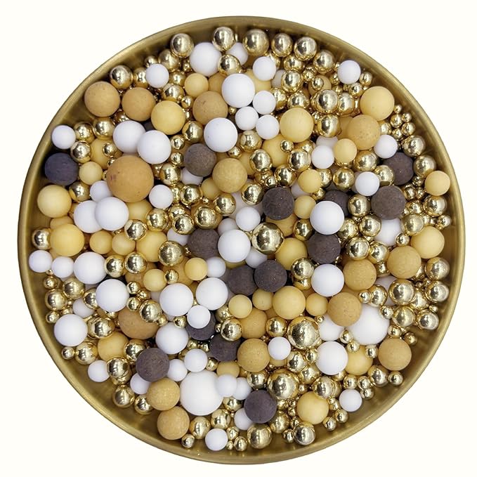 Dynastang Mixed Size Brown & Gold & White Pearls Sprinkles Edible Pearls Cake Decorating Pearls Cake Decorations Cupcake Toppers Cookie Decorating Perfect for Cakes, Cupcakes, Desserts Toppings 3OZ