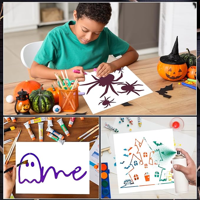 9 Pcs Large Halloween Stencils for Door Mats, Reusable Pumpkin Ghost Bat Painting Crafts, Halloween Stencils for Painting On Doormat Wood Wall Decor (Cute 9)