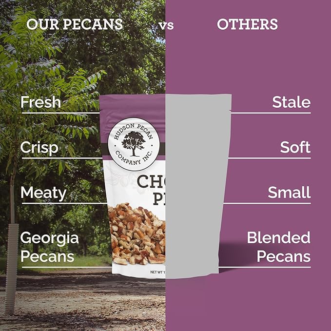 HUDSON PECAN COMPANY | Fresh Chopped Georgia Pecans | Local, All-Natural & Kosher, Heart-Healthy | Crunchy Nuts Perfect for Baking, Cooking, Salads & Desserts, 12 oz Resealable Bag