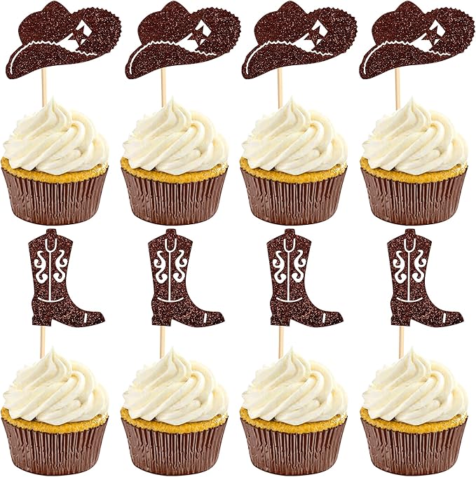24Pcs Cowboy Cupcake Toppers Glitter Cowgirl Hat and Boot Cupcake Toppers Picks Western Theme Baby Shower Kids Birthday Party Supplies