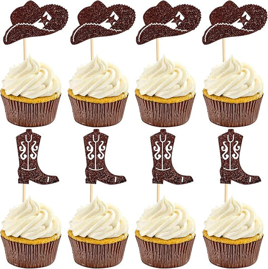 24Pcs Cowboy Cupcake Toppers Glitter Cowgirl Hat and Boot Cupcake Toppers Picks Western Theme Baby Shower Kids Birthday Party Supplies