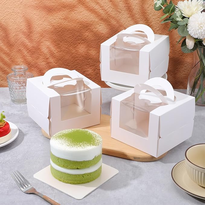 25 Pcs 5 x 5 x 4 Inch White Cake Boxes with Handle & Boards, Easy Carrying Paper Cakes Containers, Cake Holder Window Carriers for Birthday Christmas Birthday Wedding, Party, Gift