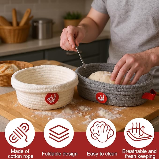 Sourdough Starter Kit,Sourdough Bread Baking Supplies with 2 pack Cotton Rope banneton bread proofing basket with handle,Baking Accessories,Sour Dough Tools,Baking Mat Dough Scraper & More