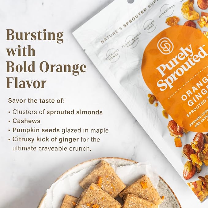 Purely Sprouted Orange Ginger Sprouted Snack Mix with Almond, Cashew Nuts & Pumpkin Seeds – Grain and Gluten Free, Vegan – Ideal for On-the-Go, 4oz, 6 pack