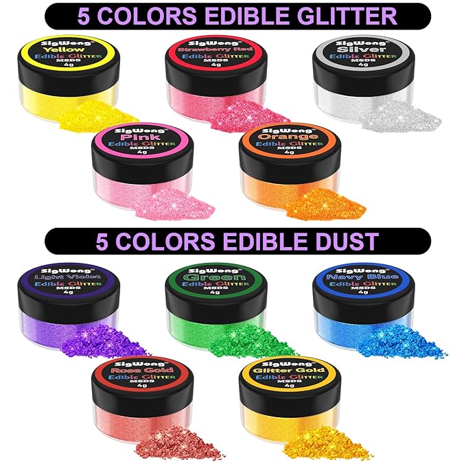 Edible Glitter - 10 Colors Luster Dust Edible Set for Drinks, Food Grade Edible Glitter Dust for Cake Decorating, Cocktail, Fondant, Strawberries, Candy, Christmas Cookie, Chocolate. Vegan and Gluten Free - 4g/bottle