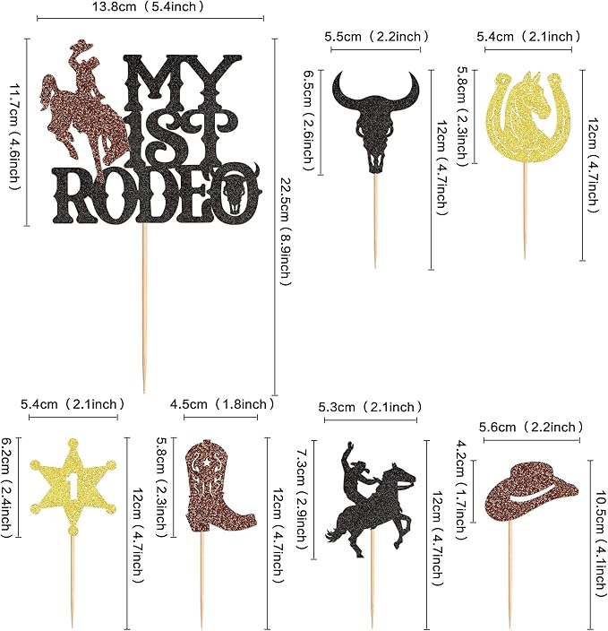 25Pcs Glitter Cowboy Cake Toppers Western Theme Cupcake Picks with Horseshoes, Hats & Boots for Baby Shower & Boys Birthday Party Decorations