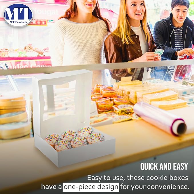 MT Products White Cookie Box 8" x 8" x 2.5" - Auto Pop-Up Bakery Boxes with Window (Pack of 15) - Made in USA