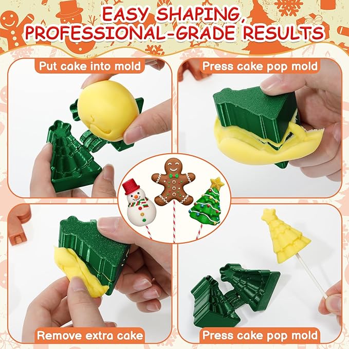 3 Pcs Christmas Cake Pop Mold Shapes Press Set, Christmas Tree & Snowman & Gingerbread Man Mold, Cake Pop Cutter and Pusher, Baking Tools Accessories for Christmastide Xmas