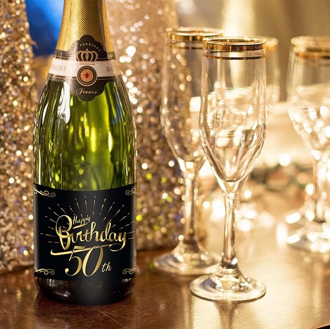 2-Pack Birthday Bottle Labels, Self-Adhesive “HappyBirthday” Stickers for Champagne & Wine Bottles, Fun Gift Idea for Men & Women, 5.8 x 4.1 in (50th Birthday)