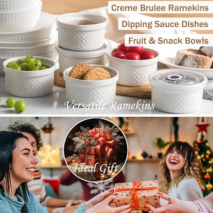 Ramekins 6 oz with Lids Oven Safe, Small Creme Brulee Ramekins with Covers, Ceramic Ramekin Set of 4, Mini Prep Pinch Bowls - Dishwasher and Oven Safe, White