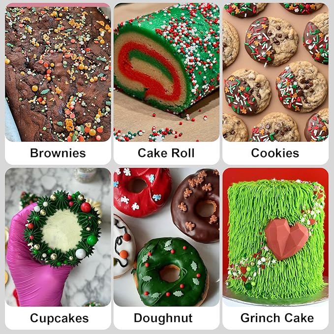 HUEBEATY 6-in-1 Christmas Gingerbread Sprinkles for Cookies Baking - 180g Red and Green Nonpareils, Jimmies, Red Heart, Holly Confetti, Holiday Santa Sprinkles Bulk for Cakes, Cupcakes, Hot Chocolate Decorating