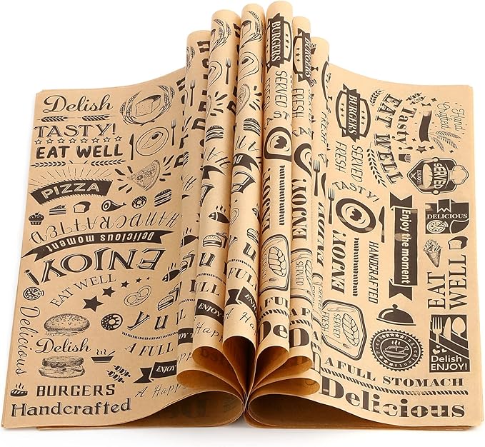 Marspark 200 Pcs Deli Wax Paper Sheets 12 x 12 Inches Square Grease Resistant Tray Basket Liners Hot Dog Wrappers Newsprint Water and Grease Proof Sandwich Wrapping Paper for Food Baking (Brown Black)