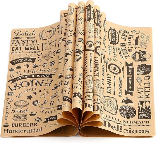 Marspark 200 Pcs Deli Wax Paper Sheets 12 x 12 Inches Square Grease Resistant Tray Basket Liners Hot Dog Wrappers Newsprint Water and Grease Proof Sandwich Wrapping Paper for Food Baking (Brown Black)