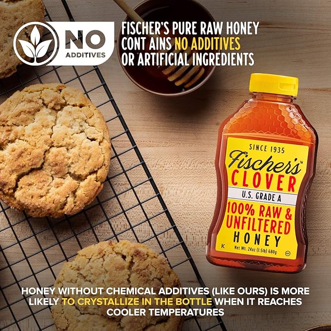 Fischer's 100% Pure Clover Honey – Unfiltered Raw Honey, 24 oz Squeeze Bottle – All-Natural Sweetener – Rich Flavor Profile, Packed with Nutrients