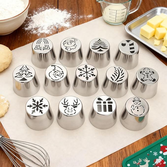 25 Pieces Stainless Steel Extra Large Christmas Piping Tips Set,13 Christmas Frosting Icing Tips with 10 Disposable Pastry Bags,1 Small Russian Tip,1 Cleaning Brush for Cake Decorations