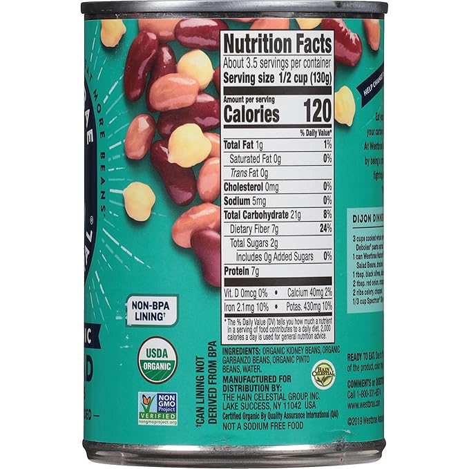 WESTBRAE 15 oz Natural Organic Salad Beans,No Salt Added, Source of Plant Based Protein and Fiber, Low Fat, Gluten Free, (Pack of 12)