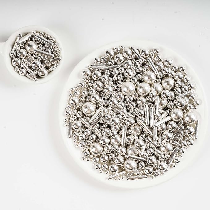 Kasvan Silver Pearl Sugar Sprinkles - Edible Candy Pearls 130g/4.58 Oz, Mix Size, Baking Cake Decorations, Ice Cream Toppings and Cookie Decorating, Wedding Party Chirstmas Supplies (Silver）