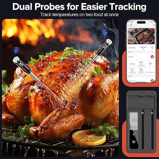 Smart Wireless Meat Thermometer with Dual Probes, Bluetooth & WiFi Combo, Remote Monitoring & Smart Alerts for BBQ, Grill, Smoker, Oven, Air Fryer