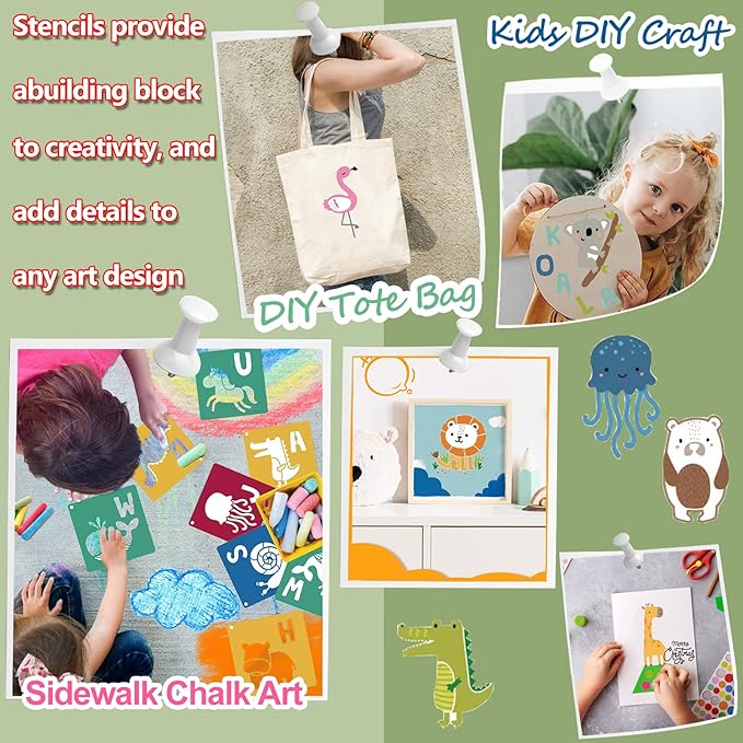 Stencils for Kids 26pcs Animal Drawing Stencils 8x8 Large Reusable Plastic Stencils with Letter A-Z for Boys Girls DIY Crafts