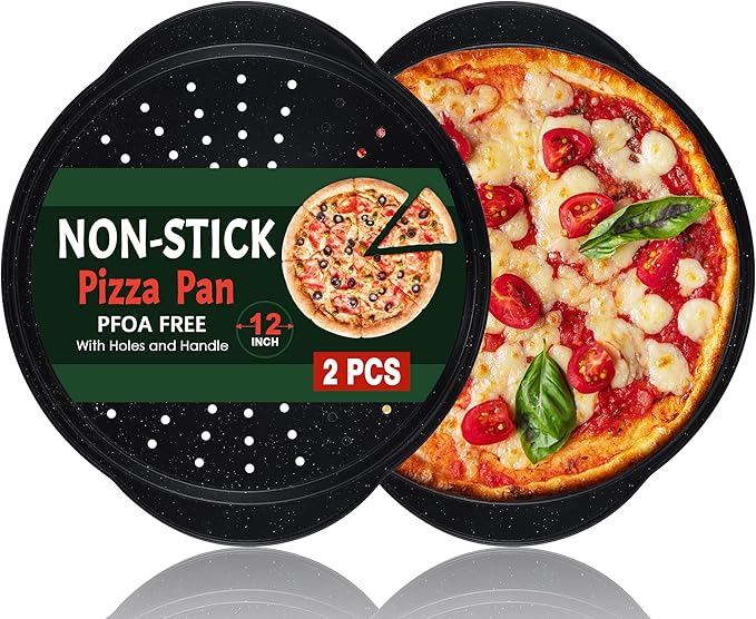 2P Non Stick Pizza Pans - 12” Round Pizza Tray with Holes and Handle, Carbon Steel Pizza Pan for Oven, Dishwasher Safe, PFOA Free