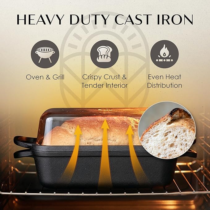 Cast Iron Bread Loaf Pan + Bread Bag + Dough Whisk + Brush | 2-in 1 Pre-Seasoned oven-safe bread pan for homemade bread | 5-Piece Set