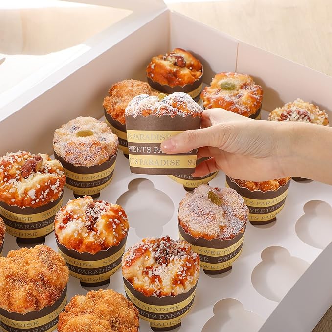Fuutreo 10 Pack White Cupcake Boxes with Window 21 x 13 x 4 Inches 24 Count Auto Pop up Large Cookie Boxes Cupcake Containers with Thank You Label Stickers for Muffins Pastries Donuts Cookies