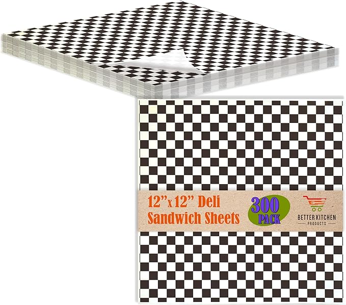 300-Count Better Kitchen Products Checkered Deli Dry Wax Paper Sheets, 12 x 12 inch, Greaseproof Deli Wrap for Foodservice, Food Basket Liners, Disposable Grease Proof Liners for Food Concession