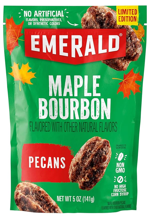 Emerald Maple Bourbon Pecans (1-Pack) | 5oz Resealable Bag | Kosher Dairy Certified, Non-GMO, Contains No Artificial Preservatives, Flavors or Synthetic Colors