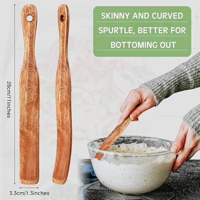 Baderke 11 Inch Wooden Spatula Acacia Skinny Spurtle for Sourdough Starter Sourdough Mixer Bread Stirring Stick for Kitchen Cooking Baking Tools(2 Pcs)