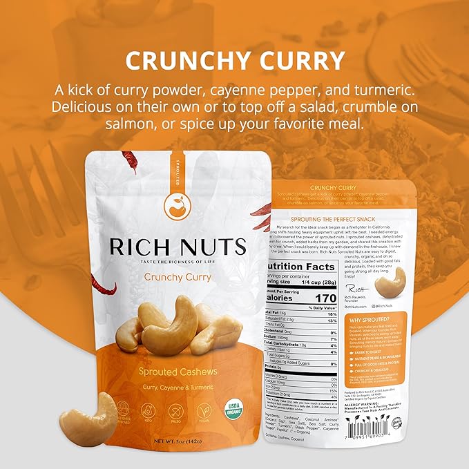 Rich Nuts Crunchy Curry Gourmet Sprouted Cashews | Vegan, Paleo, Keto | Curry Powder, Cayenne Pepper, Turmeric and Sea Salt | Non-Roasted, Dehyrdated, Germinated, Raw and Whole | 5 Oz Bag (2 Pack)