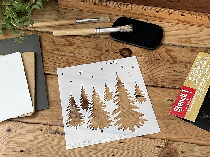 Stencil1 Evergreen Forest Stencil – Reusable Winter Template for DIY Crafts, Holiday Decor, Painting on Wood, Fabric, Cards & More - 5.75" x 6"