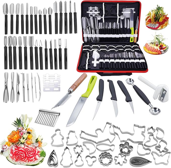 80-Piece Stainless Steel Fruit Carving Tools Set - Professional Watermelon Carving Knife Kit with Ergonomic Handles & Portable Case, Durable Fruit Cutting Tools for Culinary Arts, Sculpting, Peeling
