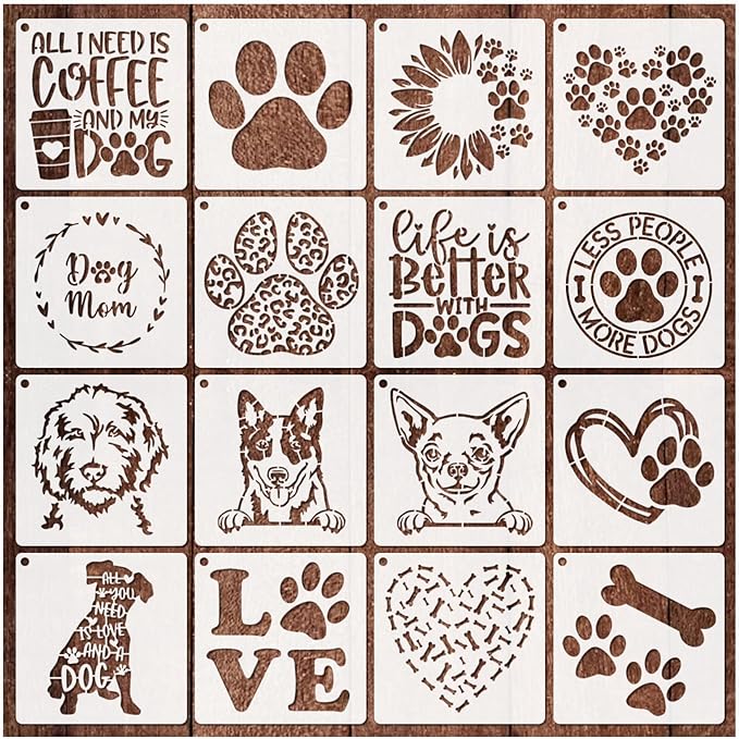 16 Pieces Dog Stencils Dog Paw Stencil for Painting on Wood Reusable Painting Templates for DIY Crafts Scrapbook Sign Shirt Canvas (16 Dog)